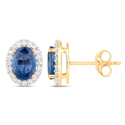 Natural Blue Sapphire Earrings With Diamonds 2.12 Carats 14K Yellow Gold