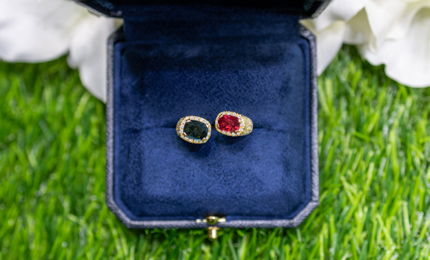 Blue and Red Spinel Bypass Ring Diamond Setting 4 Carats 18K Gold