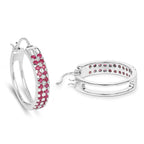 Ruby Cluster Hoop Earrings 1.9 Carats Rhodium Plated Silver
