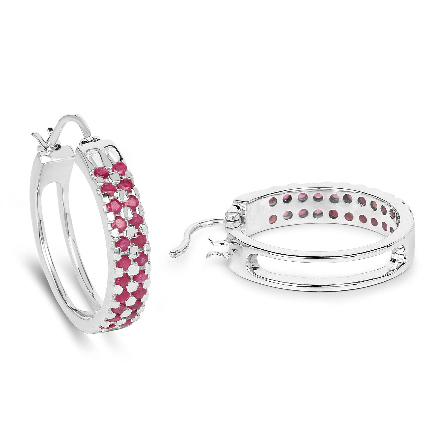 Ruby Cluster Hoop Earrings 1.9 Carats Rhodium Plated Silver