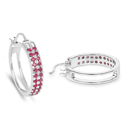Ruby Cluster Hoop Earrings 1.9 Carats Rhodium Plated Silver