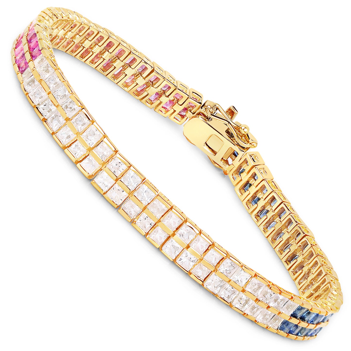 Multicolor Sapphire Bracelet Pink Blue White 9.52 Carats 14K Yellow Gold Plated