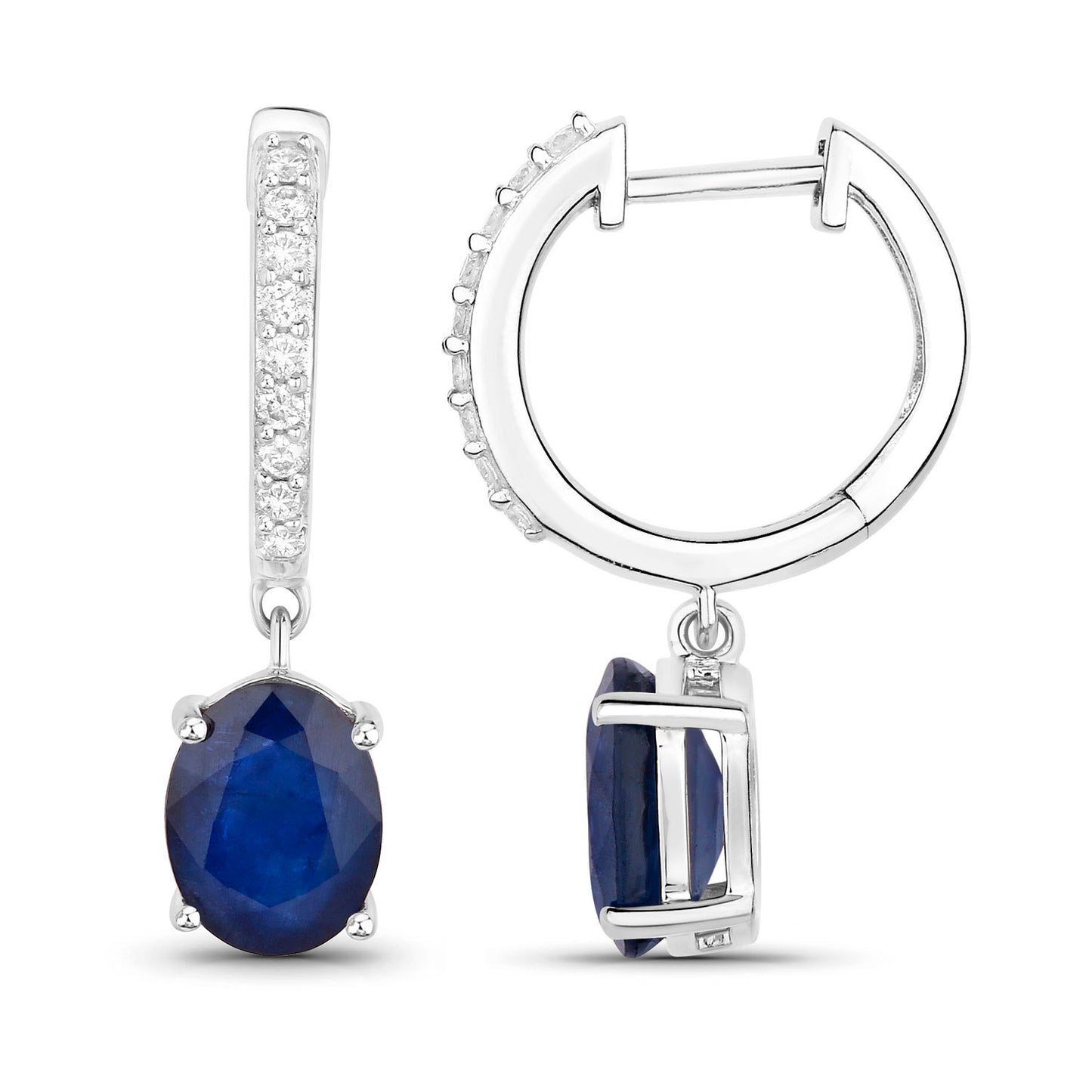 Blue Sapphire Dangle Earrings Diamonds 3.2 Carats 14K White Gold