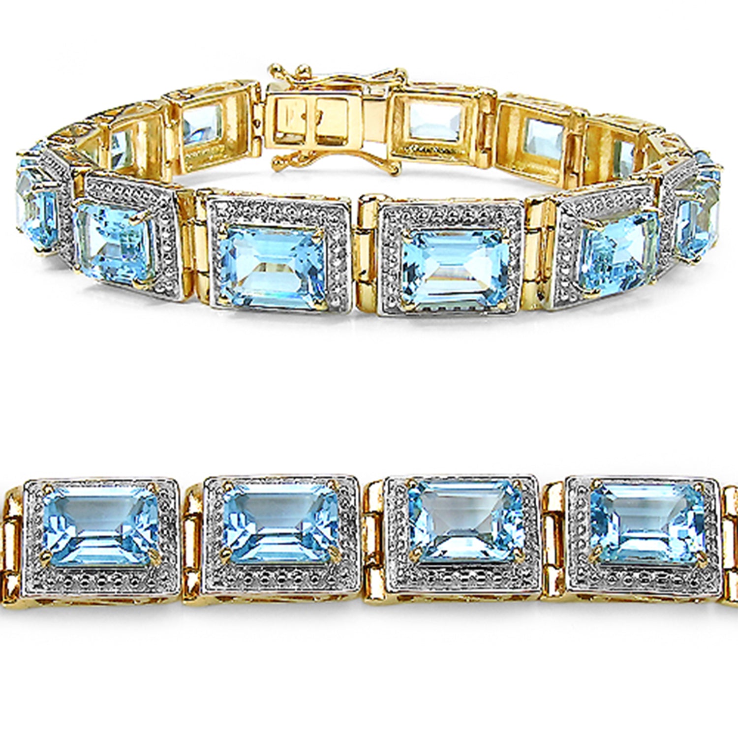 Blue Topaz Tennis Bracelet 20.7 Carats Gold Plated Silver