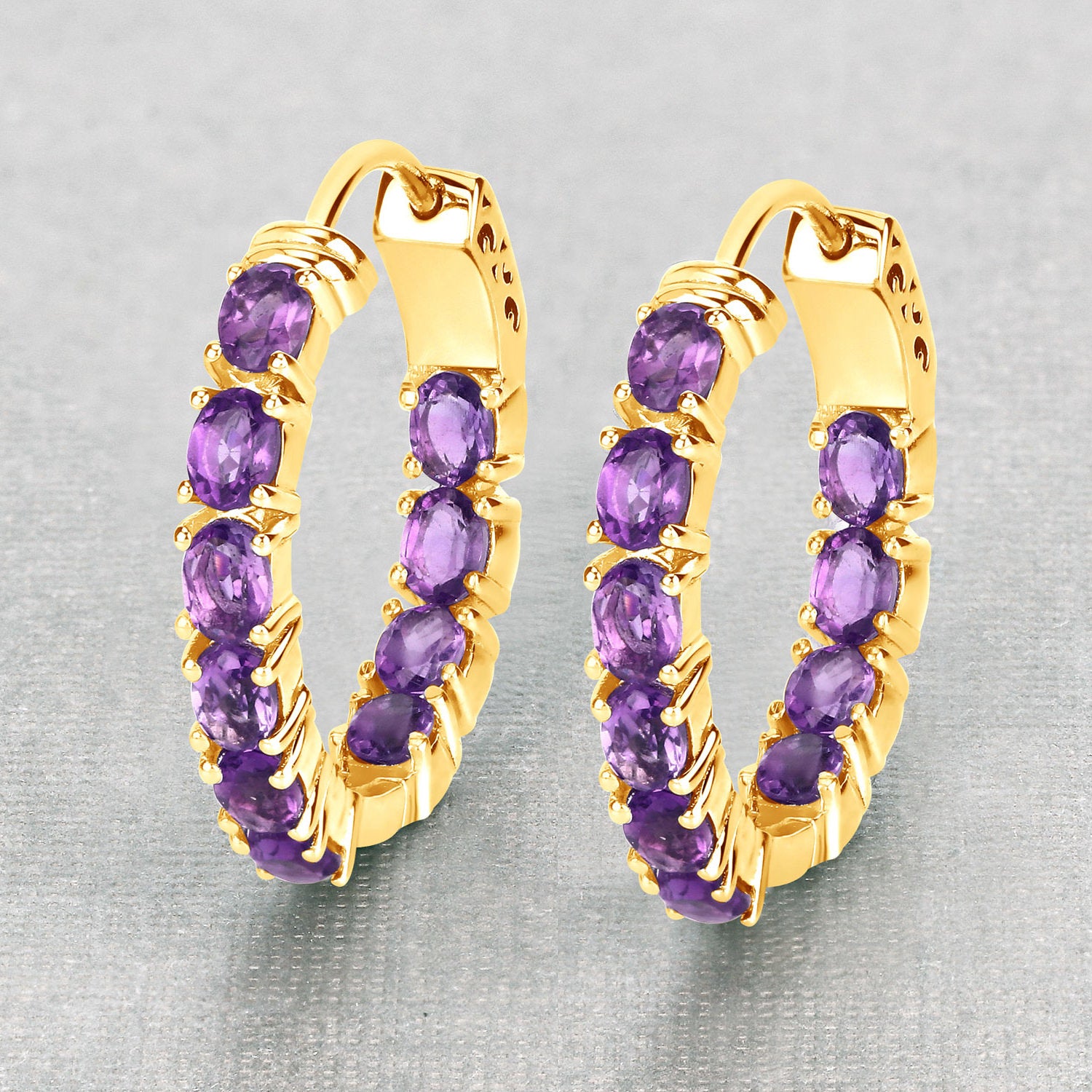 Amethyst Hoop Earrings 3.18 Carats Gold Plated Silver