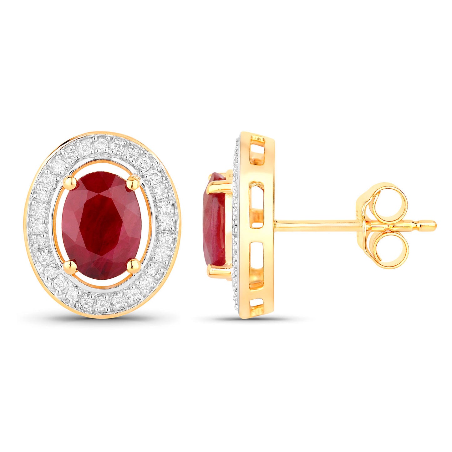 Ruby Earrings Halo Diamonds 2.1 Carats 14K Yellow Gold