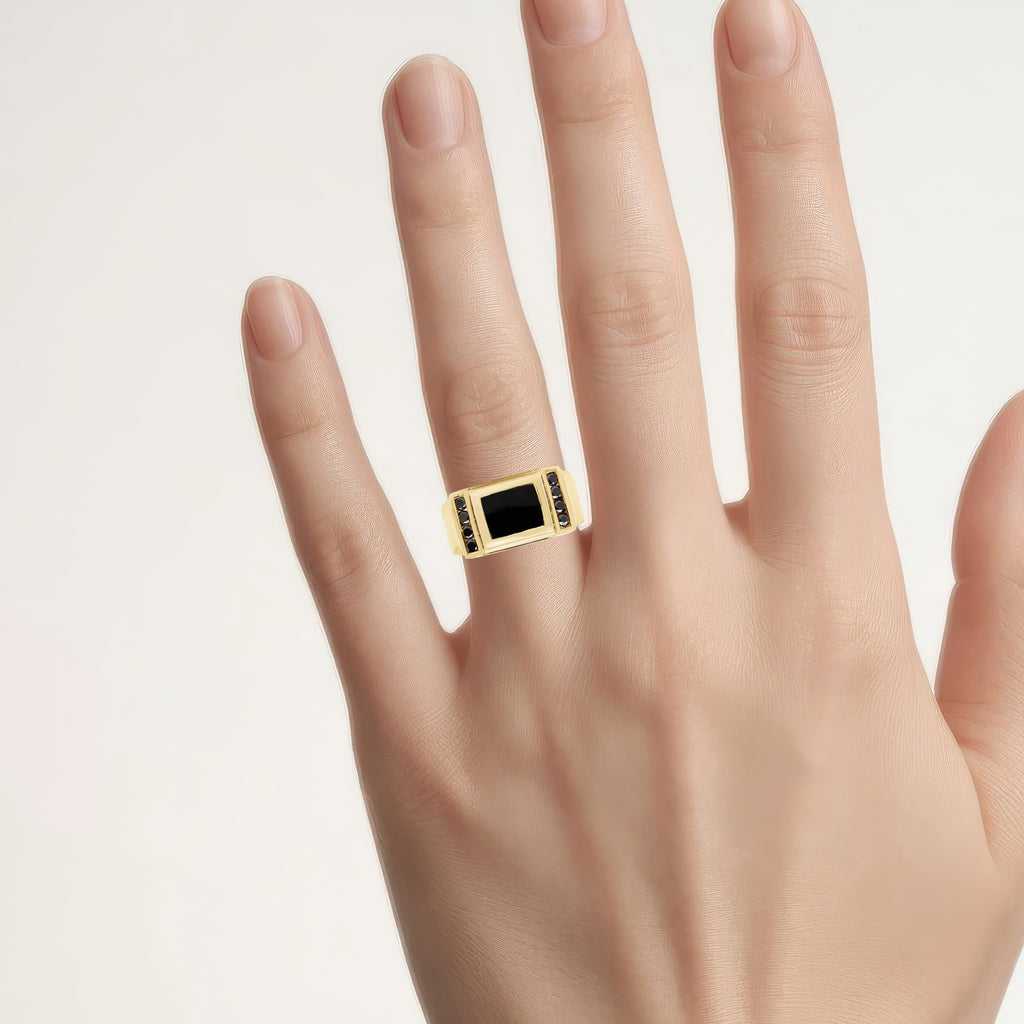 Black Onyx Ring With Black Diamonds 2.1 Carats Gold Plated Silver