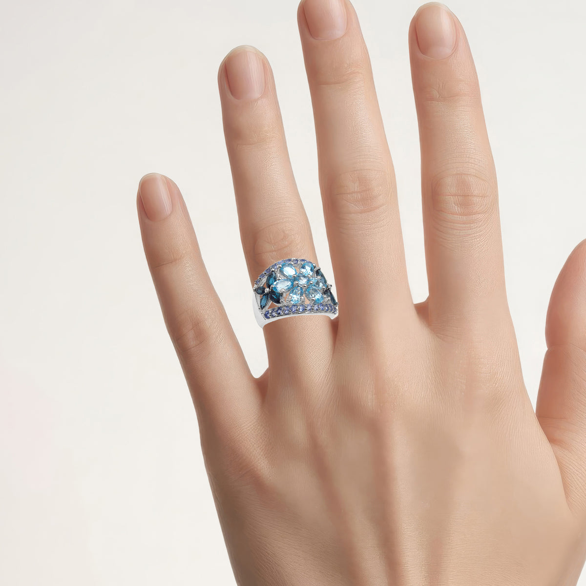 Multicolor Topaz Flower Ring With Tanzanite 5.98 Carats Sterling Silver