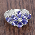 Tanzanite Flower Ring With White Topaz 3.18 Carats Sterling Silver