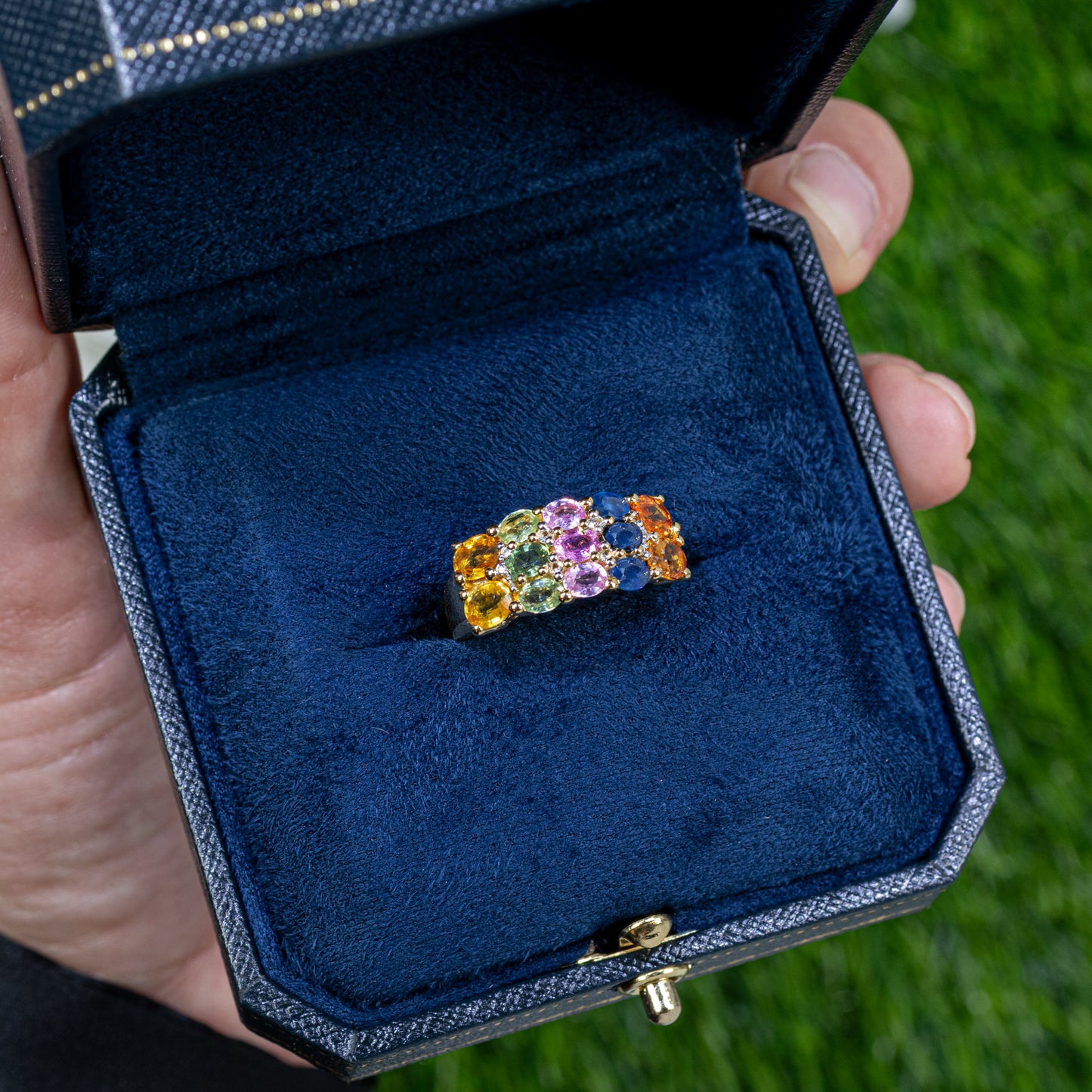 Multicolor Sapphire Cluster Ring Topaz 3.26 Carats 14K Yellow Gold Plated Silver