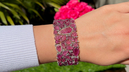 Hand Carved Pink Tourmaline Bracelet Set With Diamonds 82 Carats Total