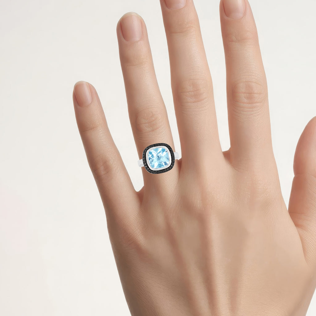 Light Blue Topaz Ring With Black Diamonds 5.2 Carats Sterling Silver