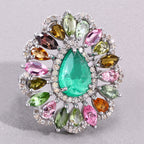Emerald Ring With Multicolor Tourmaline 7.08 Carats Sterling Silver
