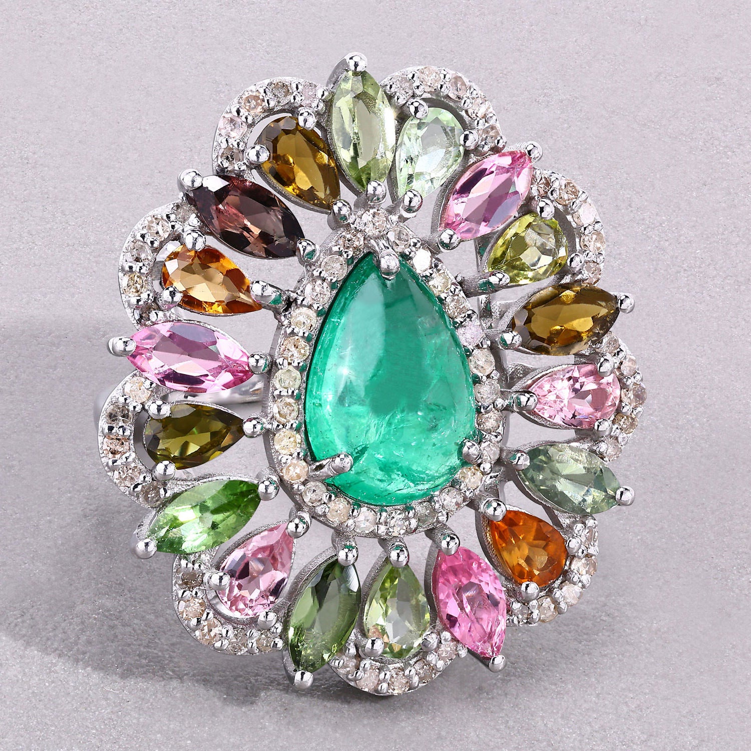 Emerald Ring With Multicolor Tourmaline 7.08 Carats Sterling Silver