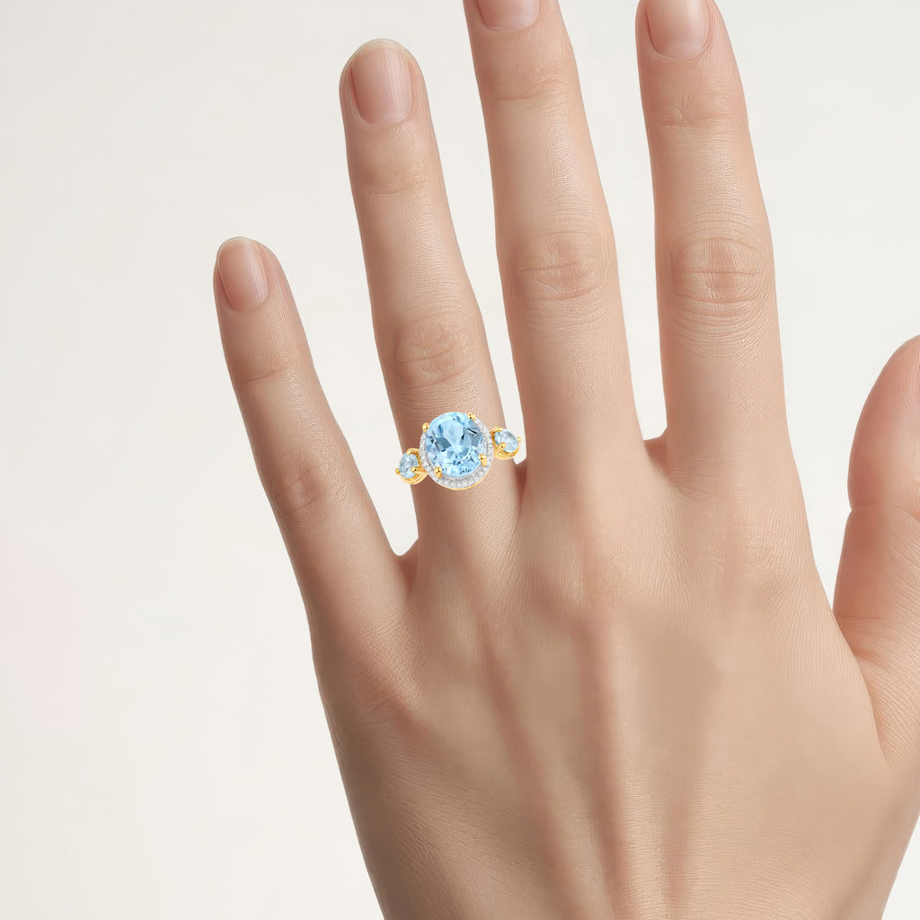 Blue Topaz Ring With Diamonds 4.72 Carats Gold Plated Silver