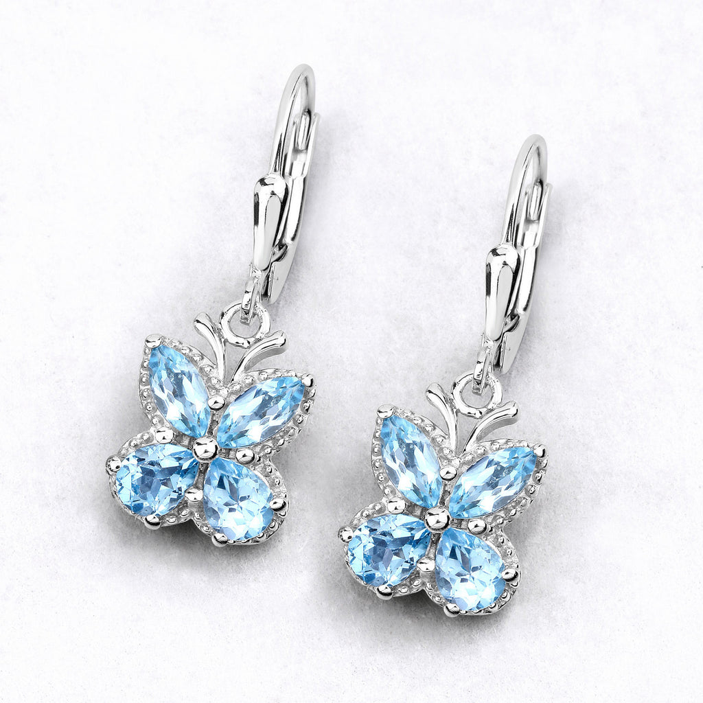 Swiss Blue Topaz Butterfly Earrings 2.68 Carats Sterling Silver