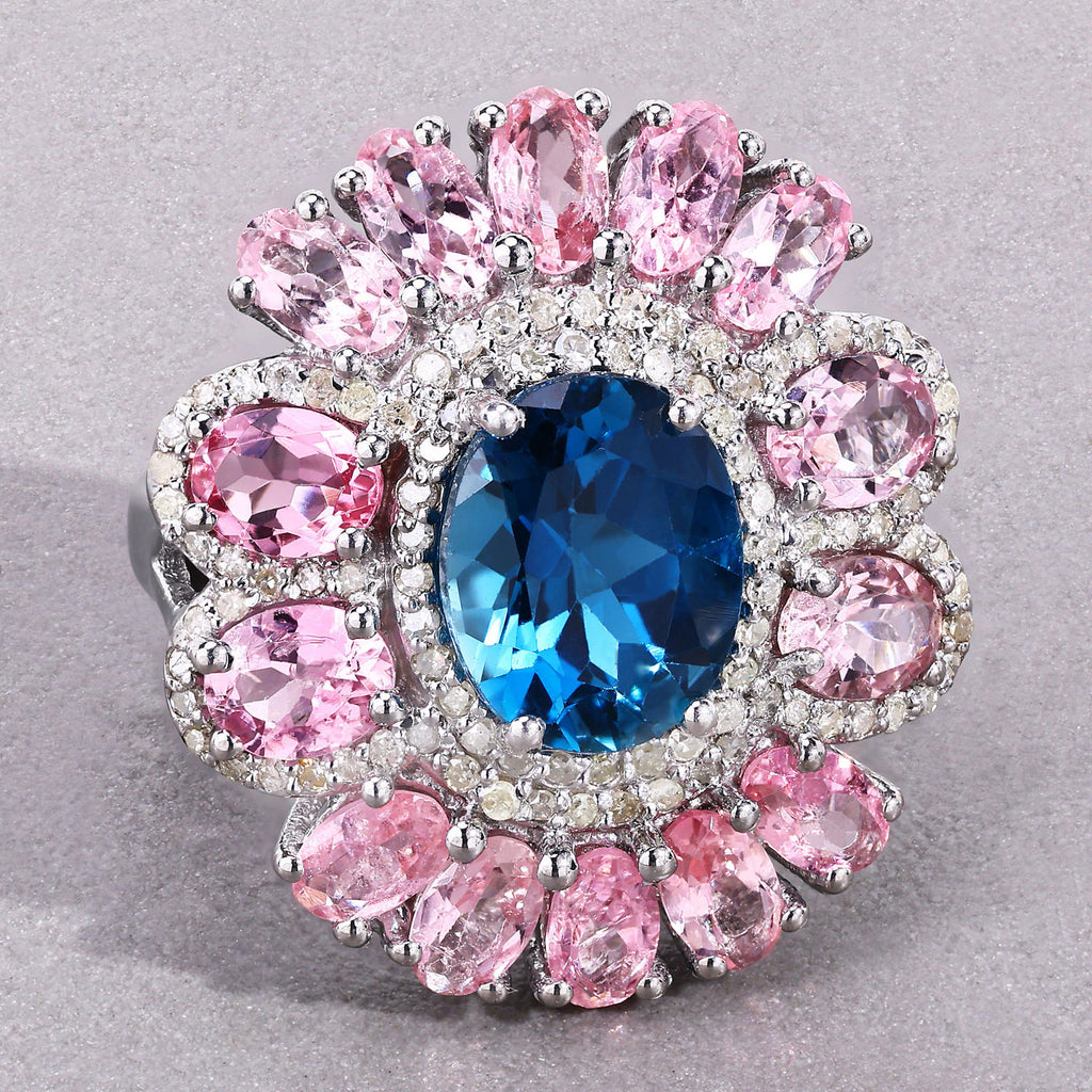 London Blue Topaz Ring With Pink Tourmaline 7.38 Carats Sterling Silver