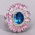 London Blue Topaz Ring With Pink Tourmaline 7.38 Carats Sterling Silver