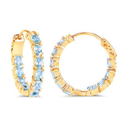 Blue Topaz Hoop Earrings 3.78 Carats Gold Plated Silver