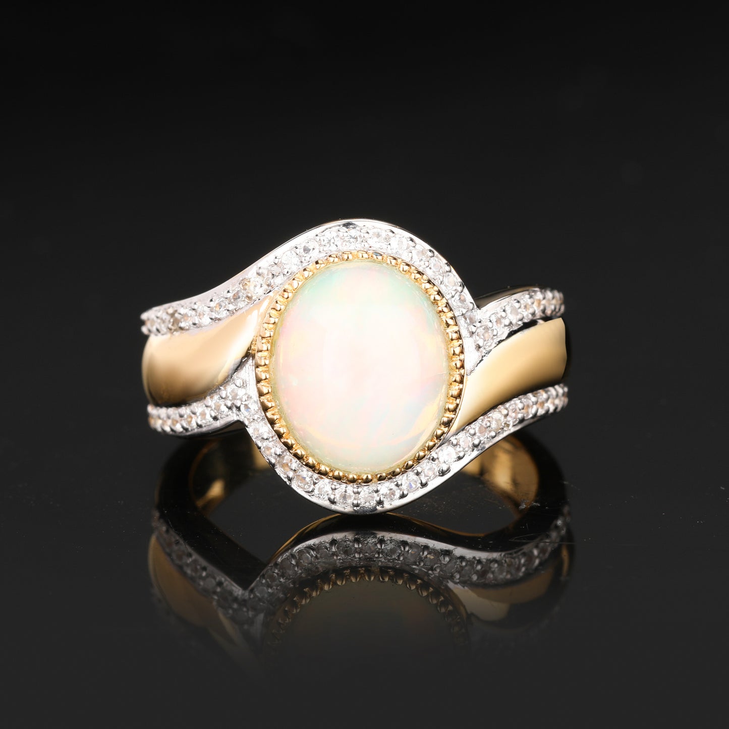 Natural Ethiopian Opal Ring With White Zircon 2.65 Carats Gold Plated Silver