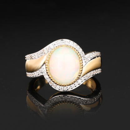 Natural Ethiopian Opal Ring With White Zircon 2.65 Carats Gold Plated Silver