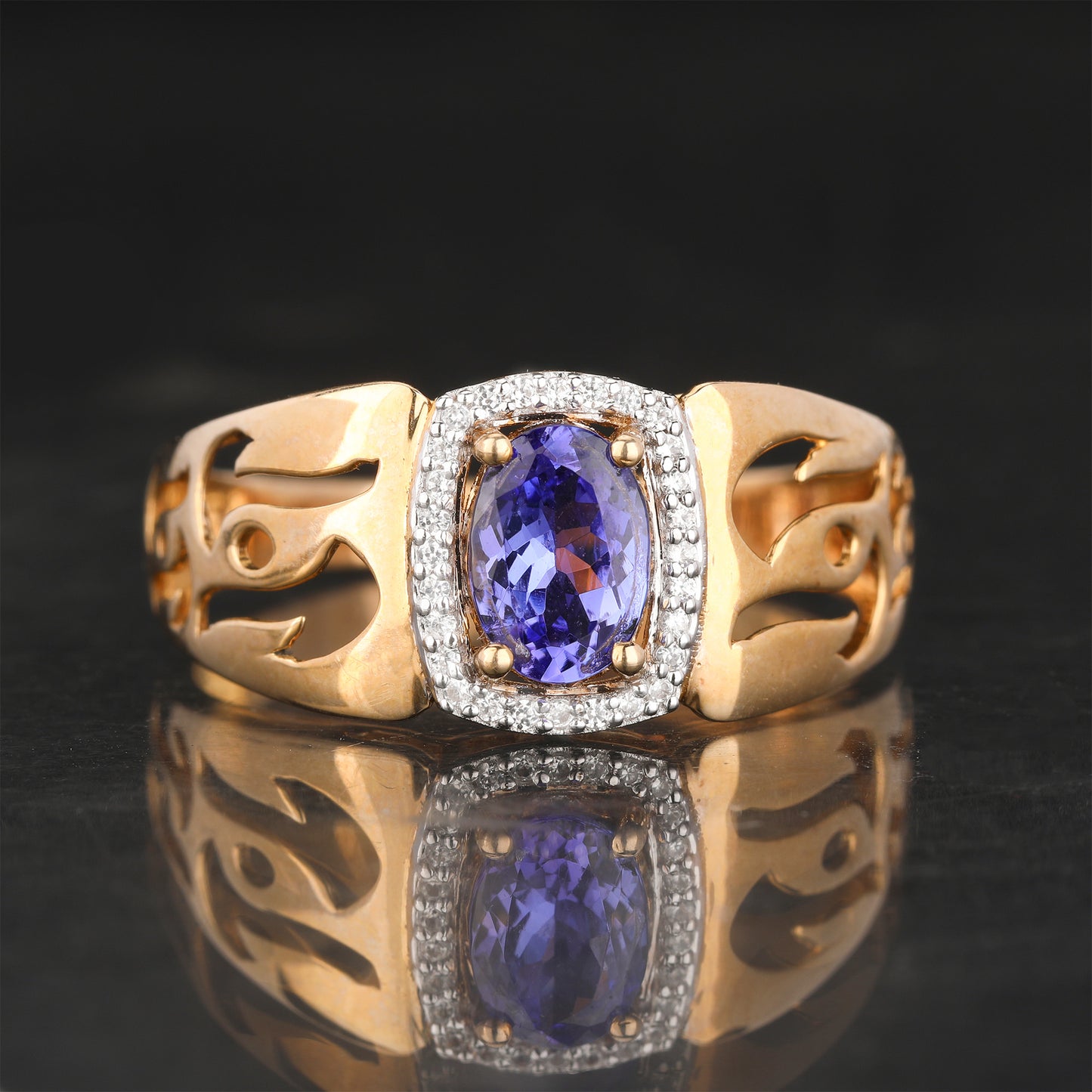 Natural Tanzanite Ring With White Zircon 0.89 Carats 9K Yellow Gold