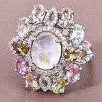 Moonstone Ring With Multicolor Tourmaline 6.72 Carats Sterling Silver