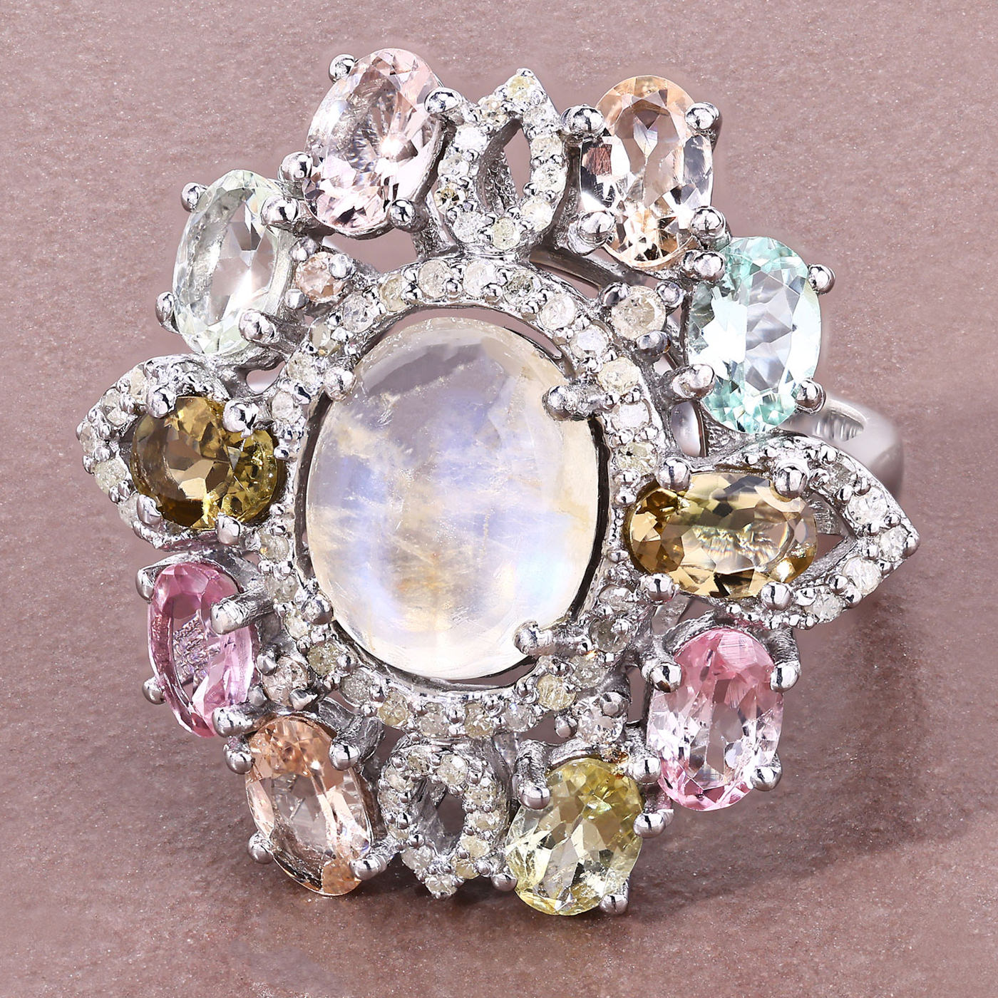 Moonstone Ring With Multicolor Tourmaline 6.72 Carats Sterling Silver