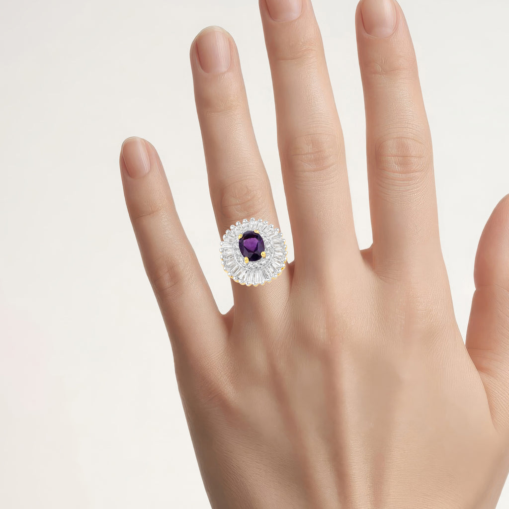 Amethyst Ring With White Topaz 3.16 Carats Gold Plated Silver