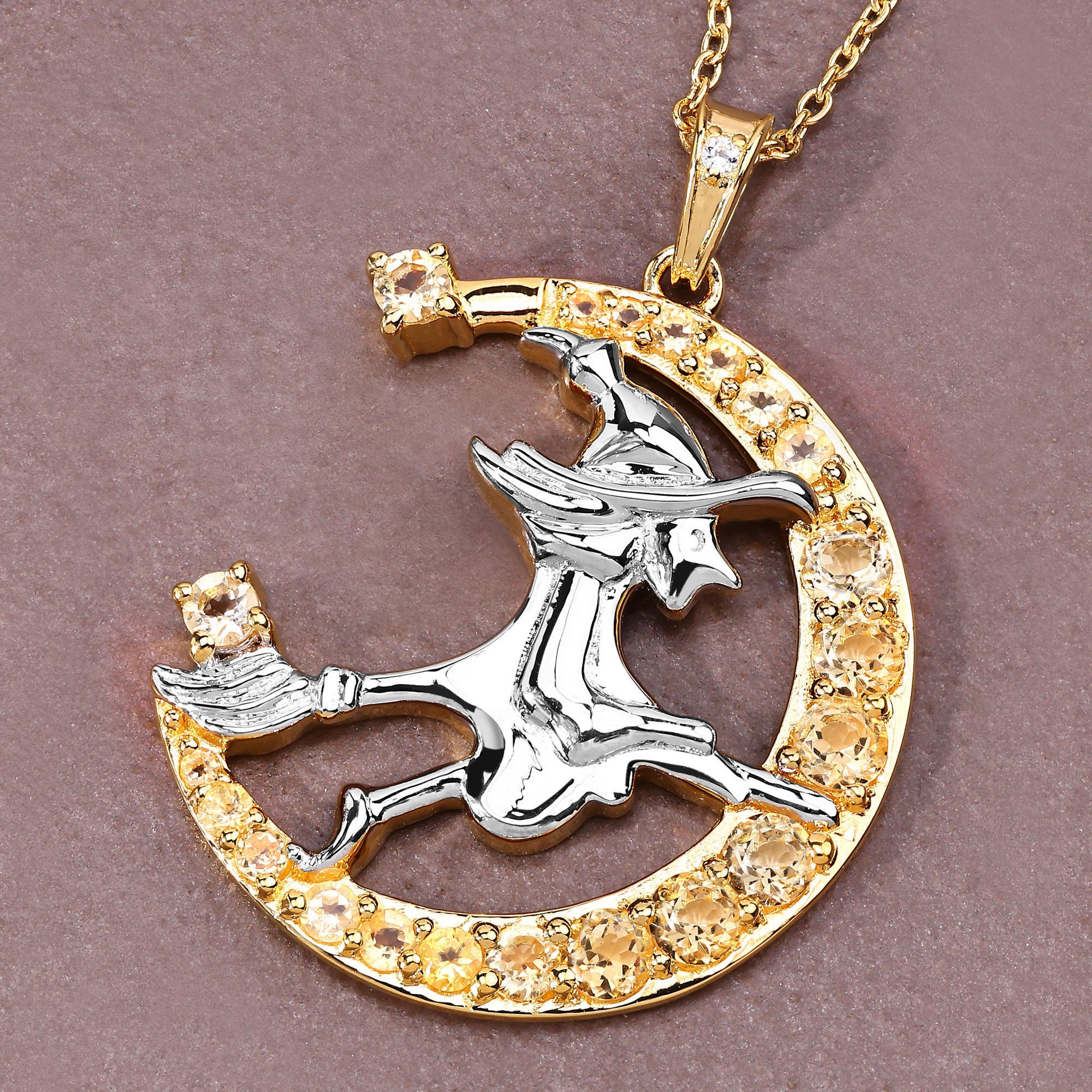 Citrine Witch Pendant With White Topaz 0.98 Carats Gold Plated Silver