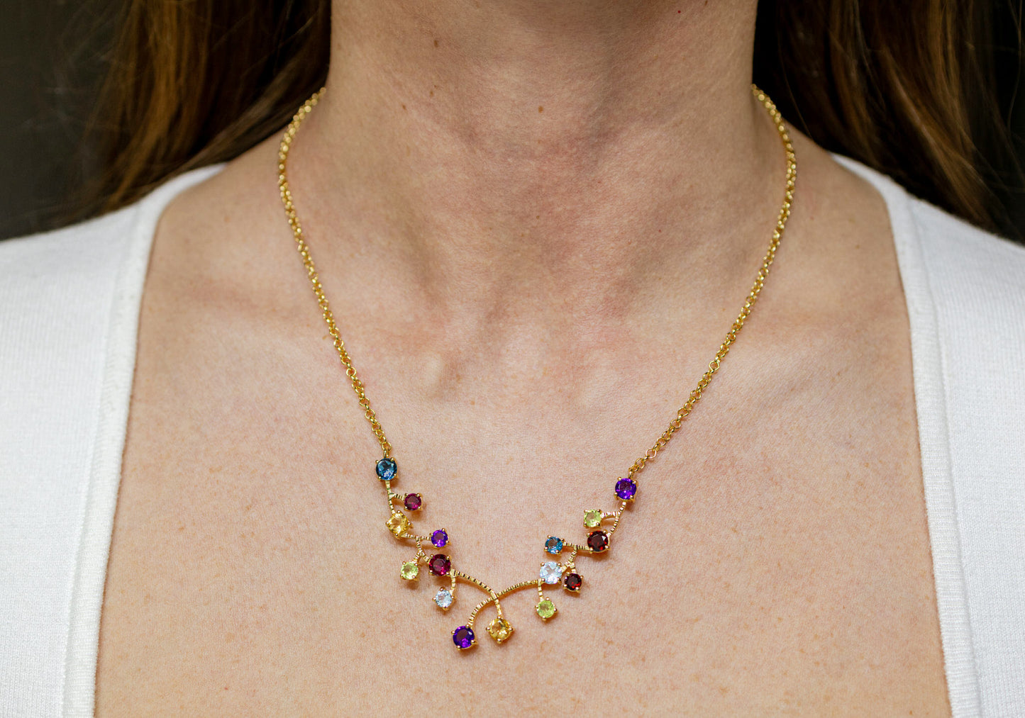 Multicolored Natural Gemstones Necklace 6.2 Carats 18K Yellow Gold Plated Silver