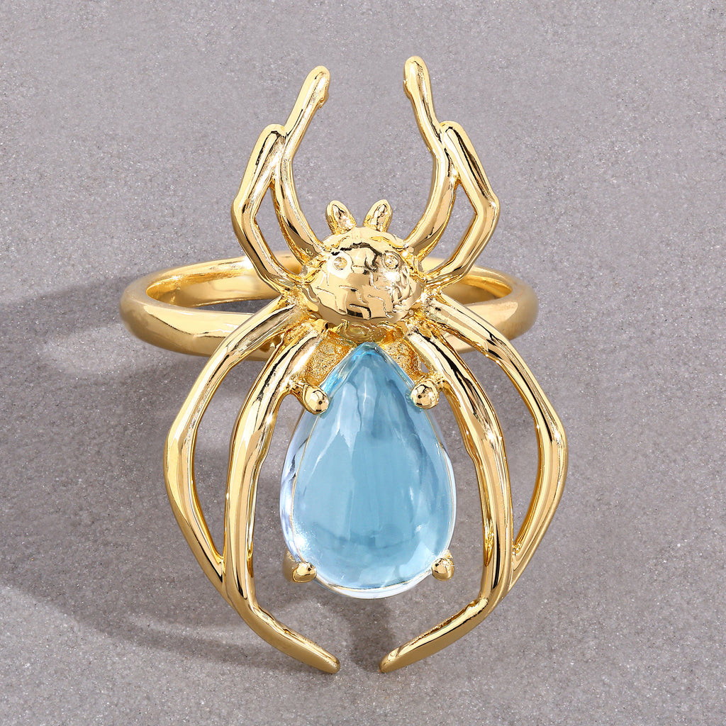 Blue Topaz Spider Ring 4.48 Carats Gold Plated Silver