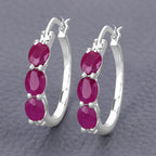 Ruby Hoop Earrings With Diamonds 1.79 Carats Sterling Silver