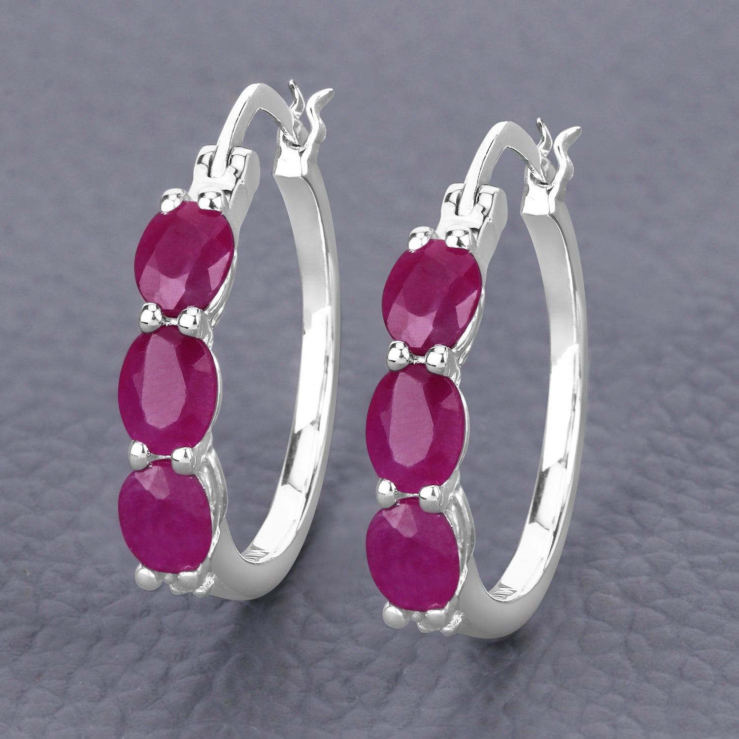 Ruby Hoop Earrings With Diamonds 1.79 Carats Sterling Silver