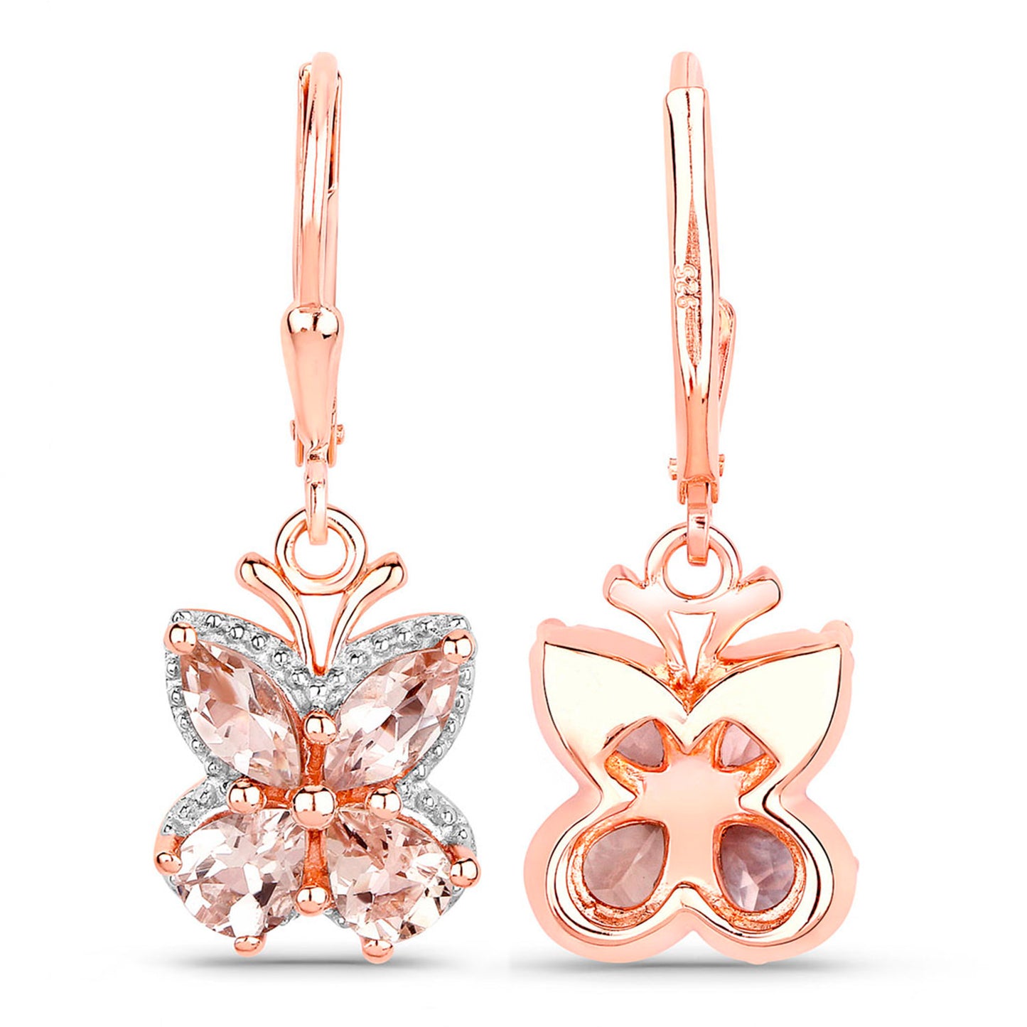 Morganite Butterfly Earrings 1.87 Carats 18K Rose Gold Plated Silver
