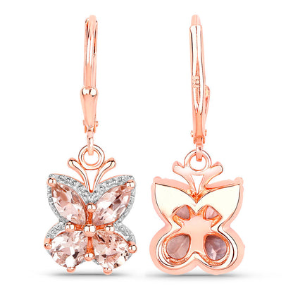 Morganite Butterfly Earrings 1.87 Carats 18K Rose Gold Plated Silver
