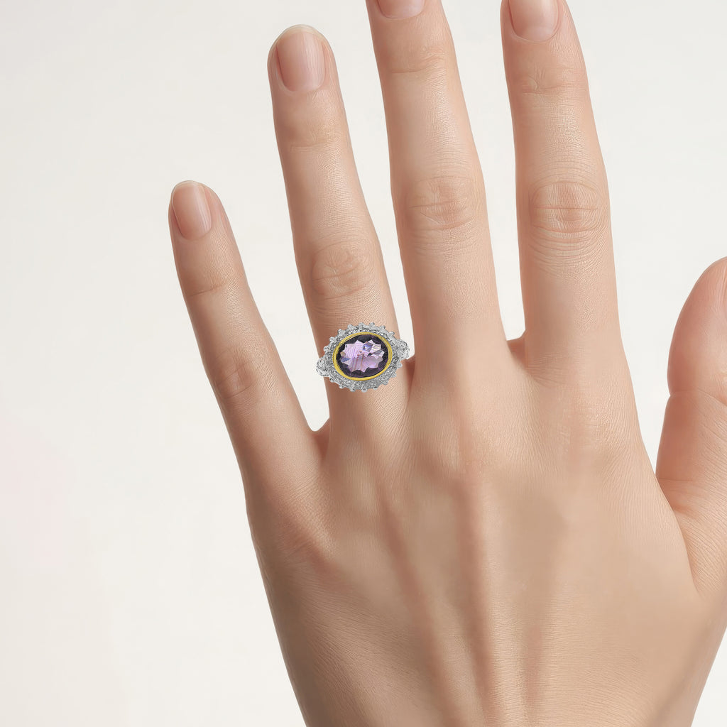 Amethyst Ring With White Topaz 4.35 Carats Gold Plated Silver