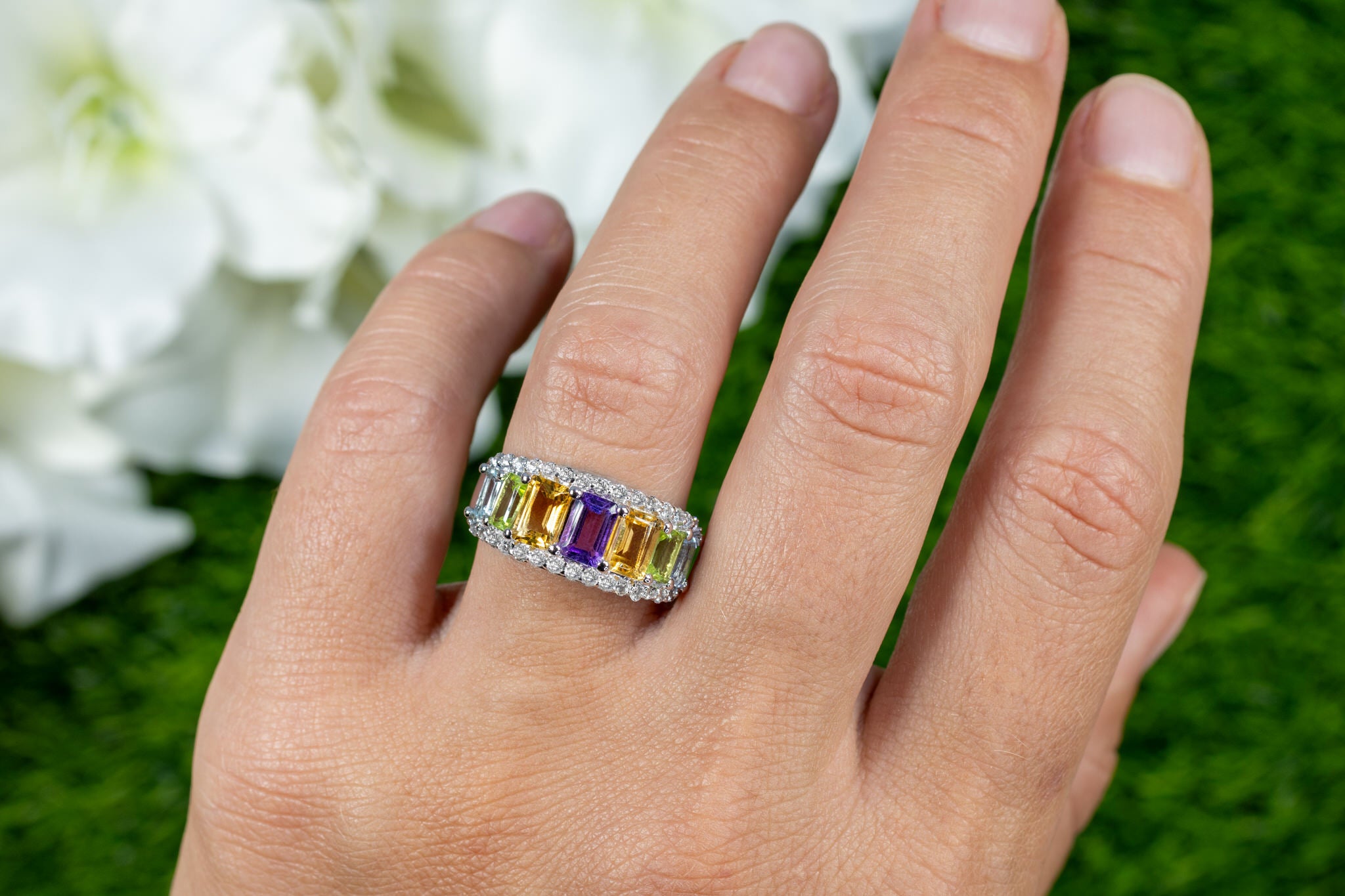 Multicolored Gemstones Ring Amethyst Citrine Peridot Topaz 3.6 Carats Silver