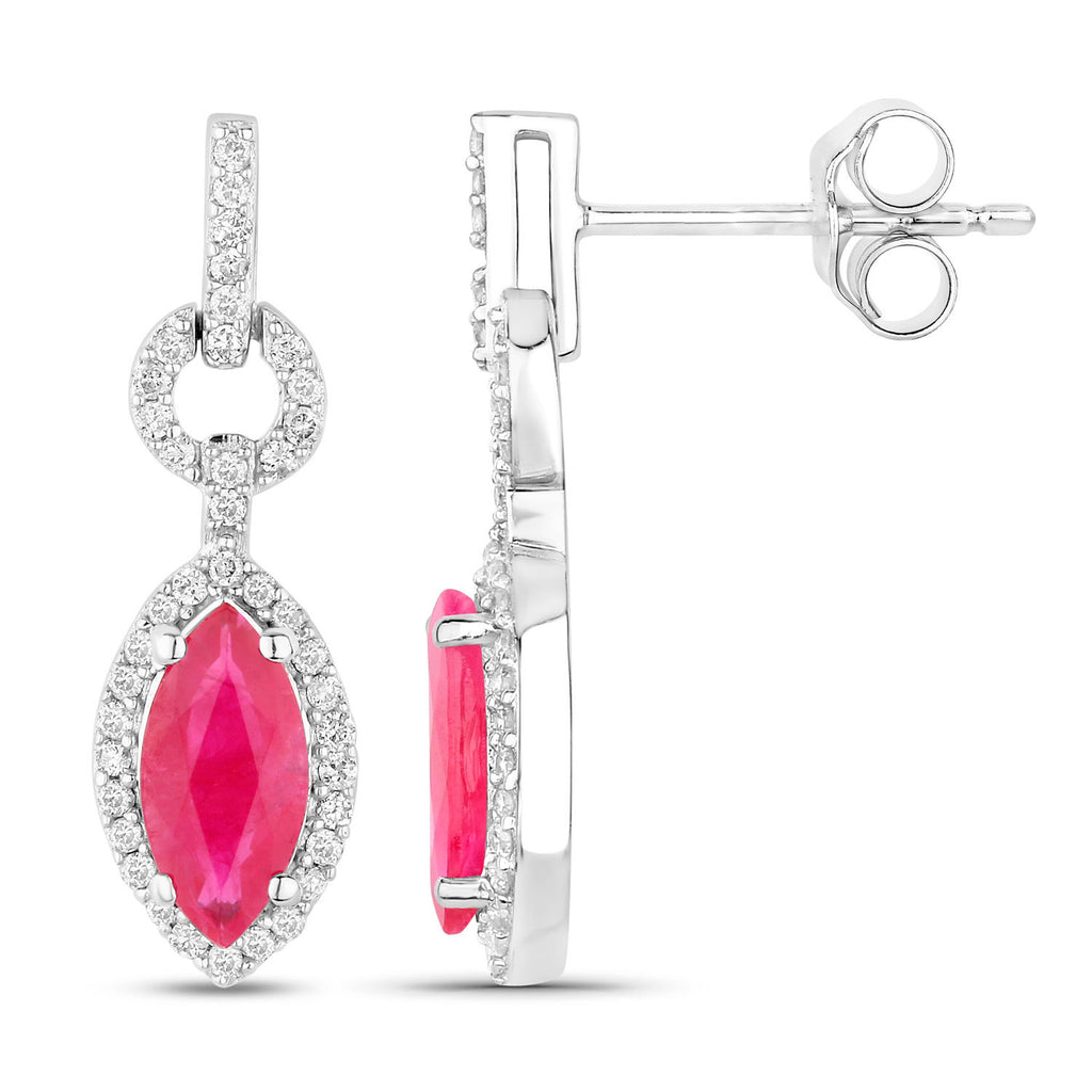 Ruby Earrings Diamonds 1.2 Carats 14K White Gold