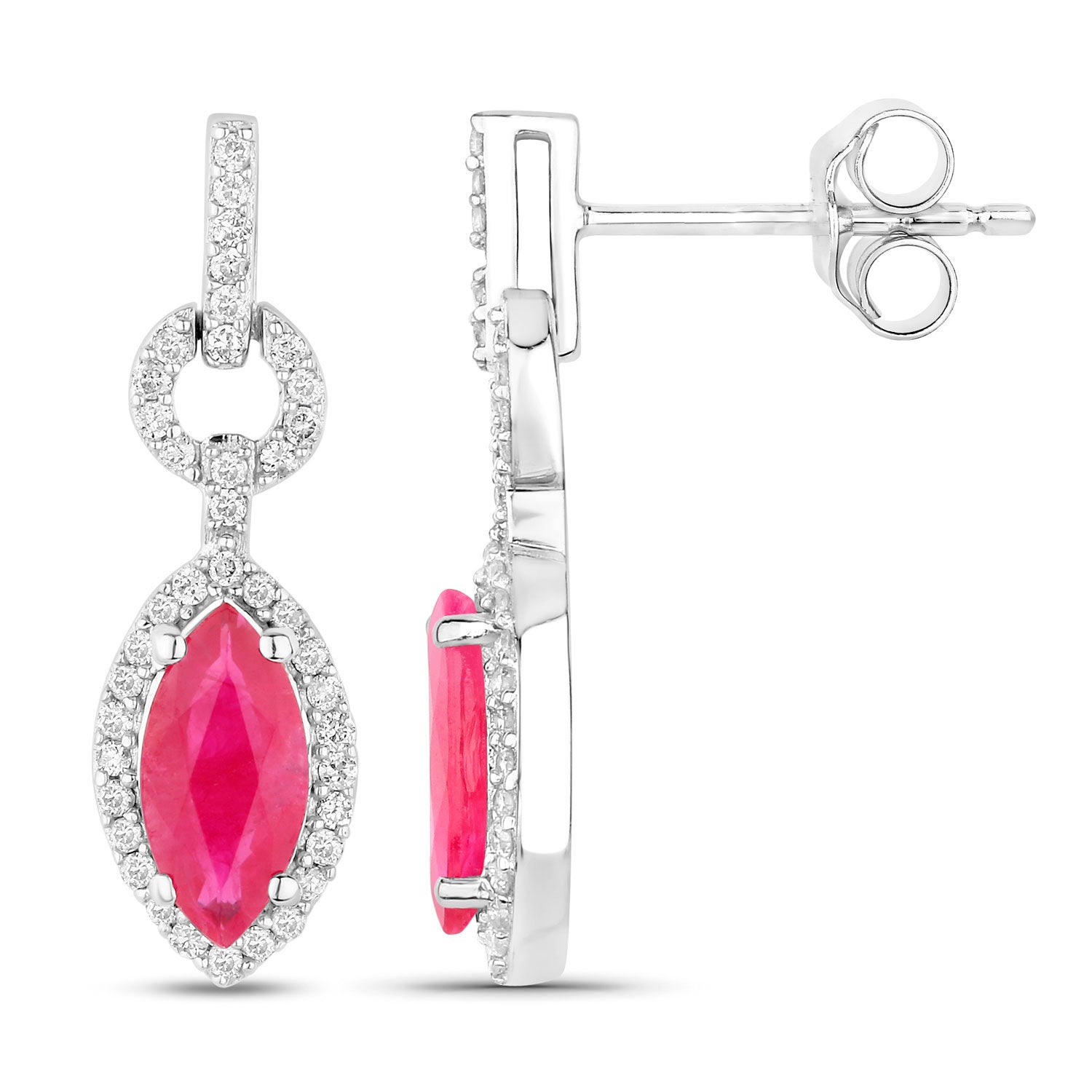 Ruby Earrings Diamonds 1.2 Carats 14K White Gold