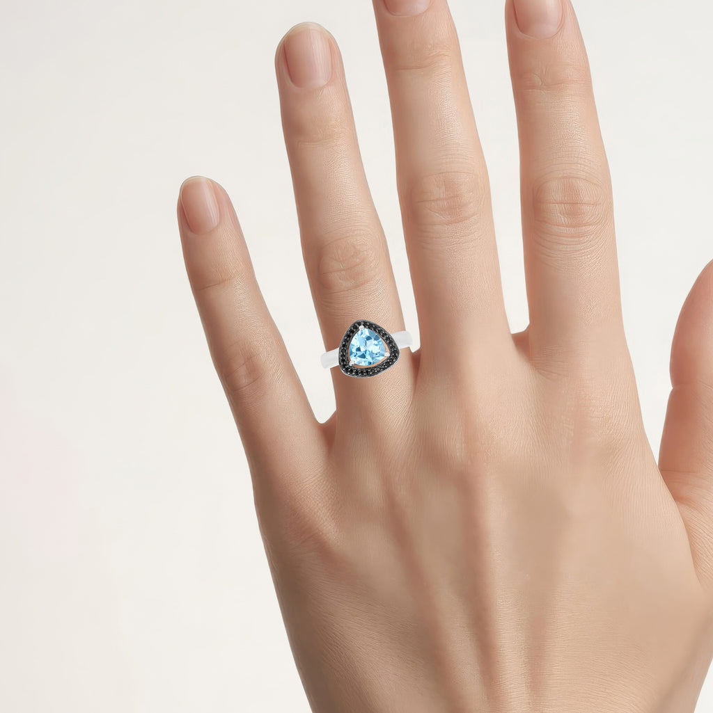 Swiss Blue Topaz Ring With Black Diamonds 2.02 Carats Sterling Silver