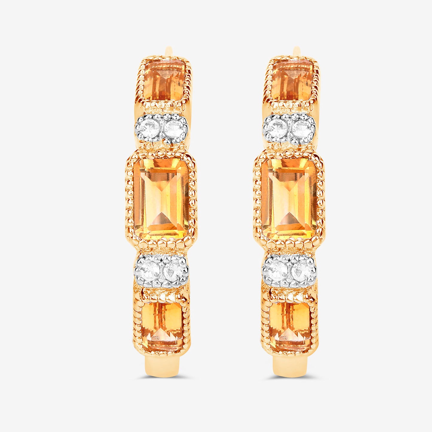 Citrine Hoop Earrings With White Topaz 2.84 Carats Gold Plated Silver