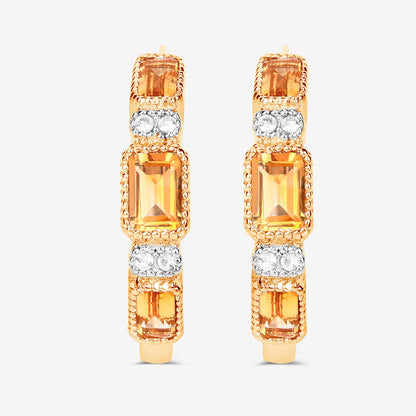 Citrine Hoop Earrings With White Topaz 2.84 Carats Gold Plated Silver