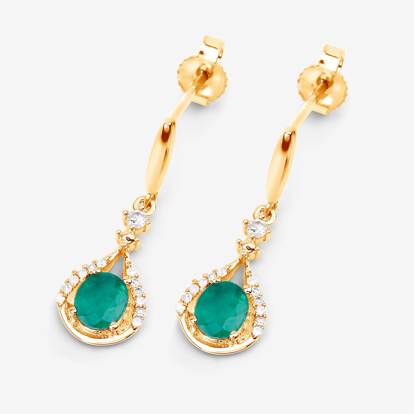 Zambian Emerald Dangle Earrings Diamonds 0.6 Carats 14K Yellow Gold