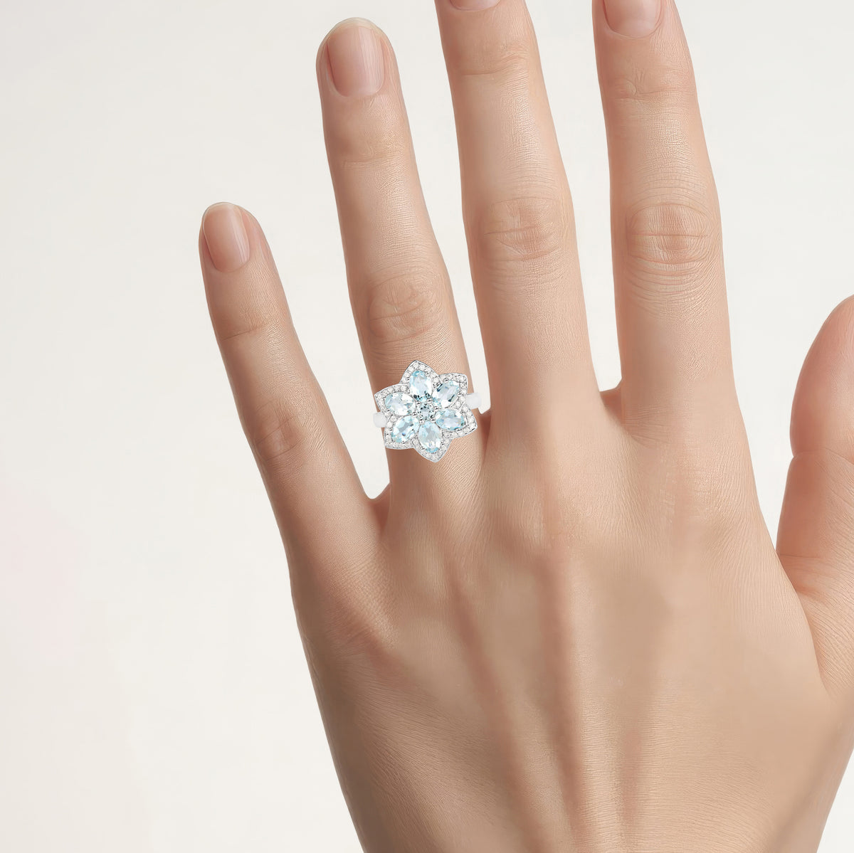 Aquamarine Flower Ring With White Zircon 2.82 Carats Sterling Silver