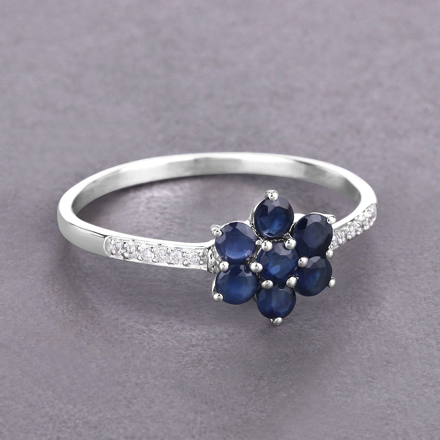 Blue Sapphire Ring With Diamonds 0.56 Carats 14K White Gold