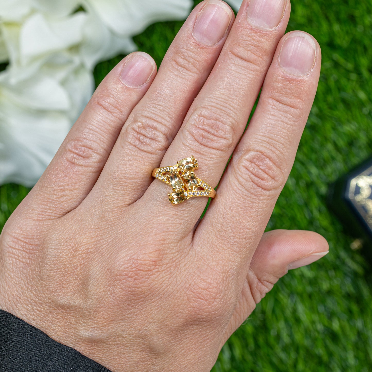 Beryl Bypass Ring Zircon Setting 1.75 Carats 24K Yellow Gold Plated Silver