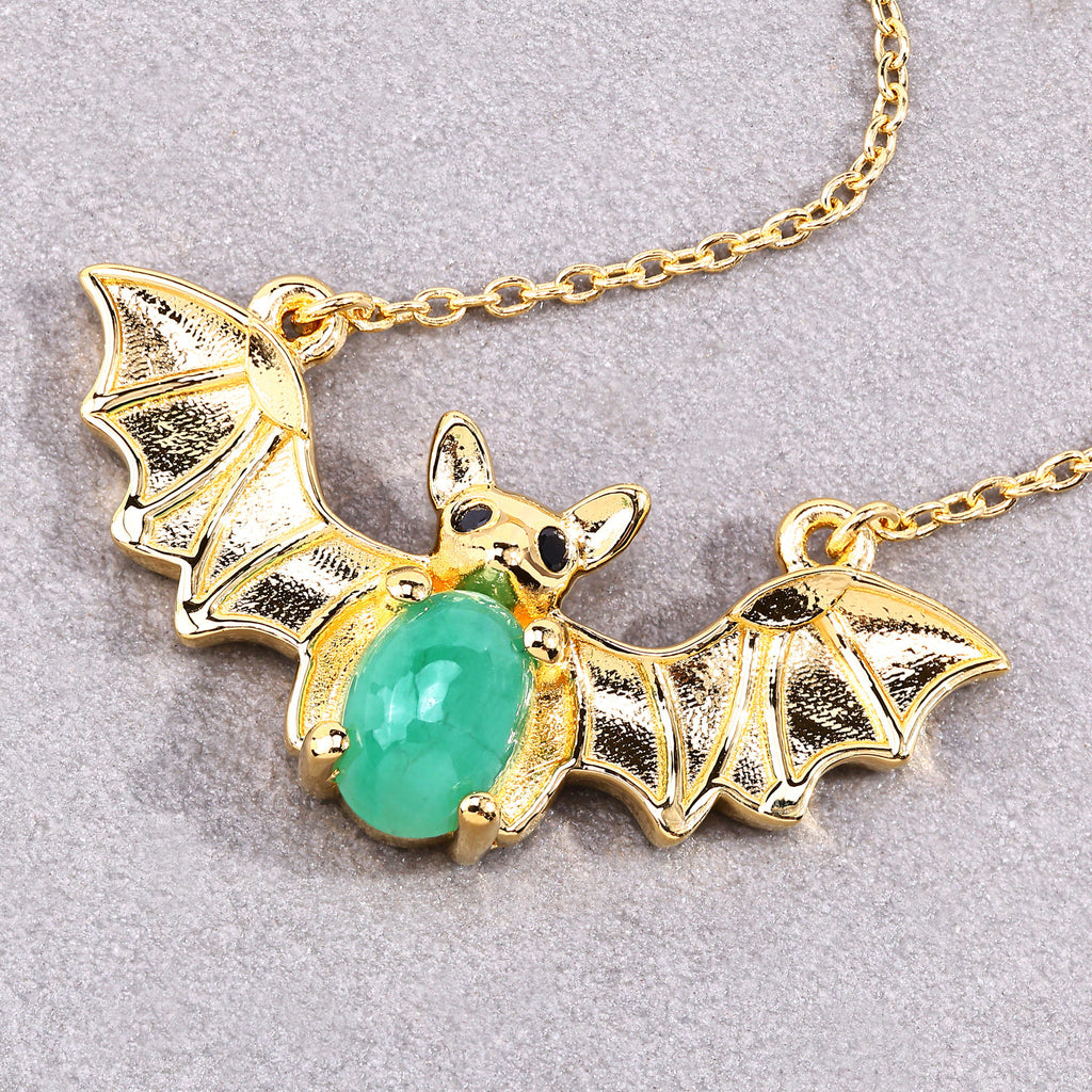 Emerald Bat Necklace With Black Spinel 1.06 Carats Gold Plated Silver