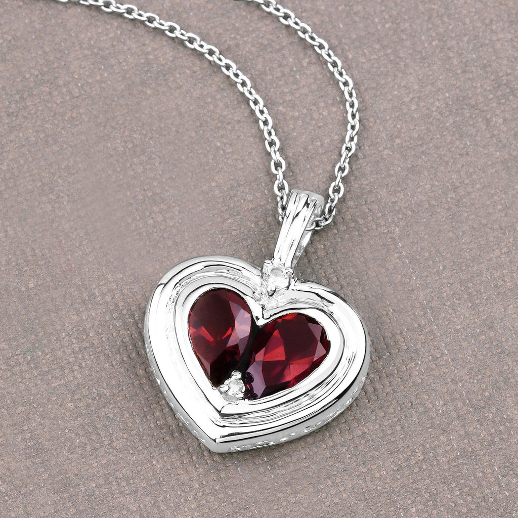 Garnet Heart Pendant With White Topaz 2.62 Carats Sterling Silver
