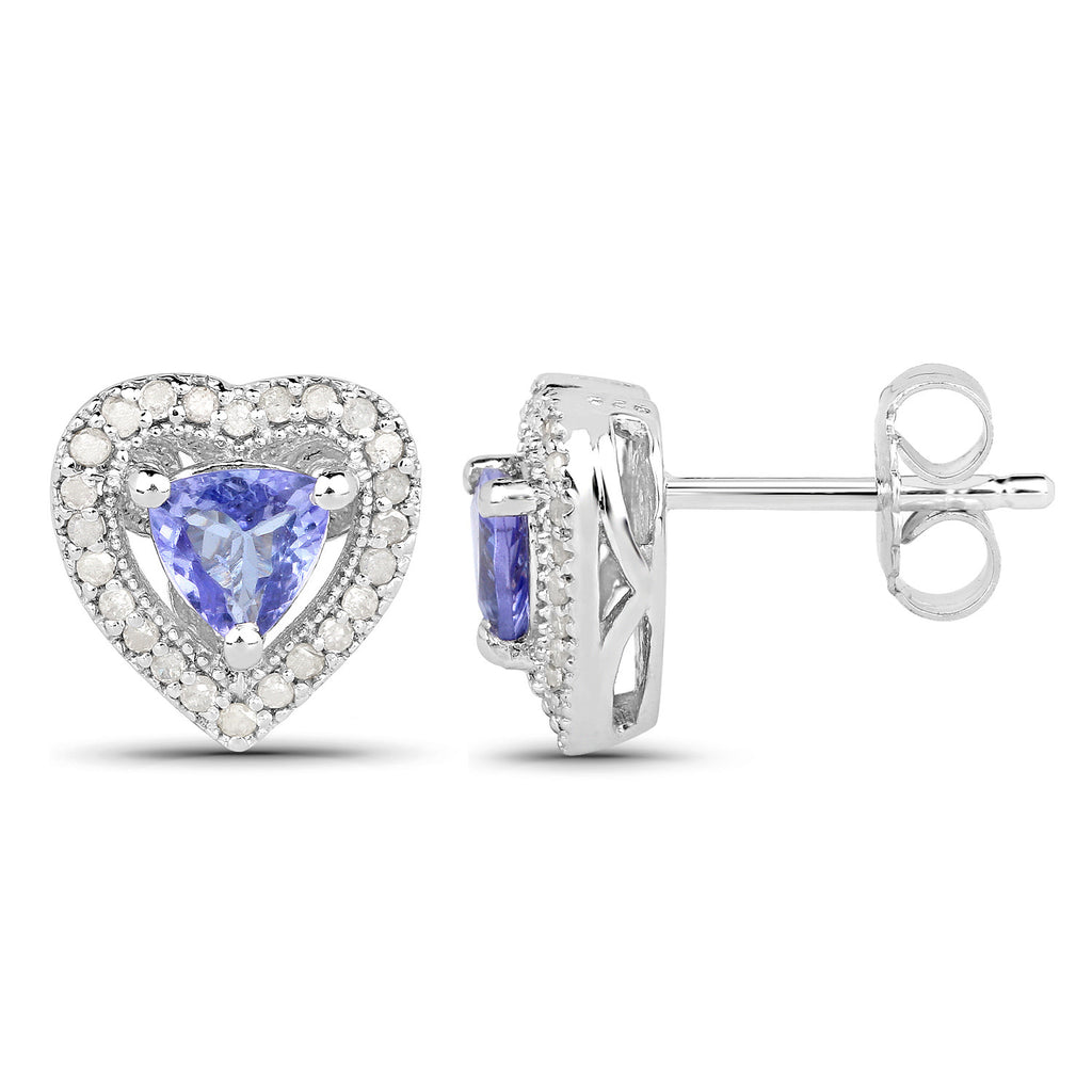 Natural Tanzanite Heart Earrings With Diamonds 1.16 Carats Sterling Silver